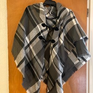 Black plaid poncho with front buckles